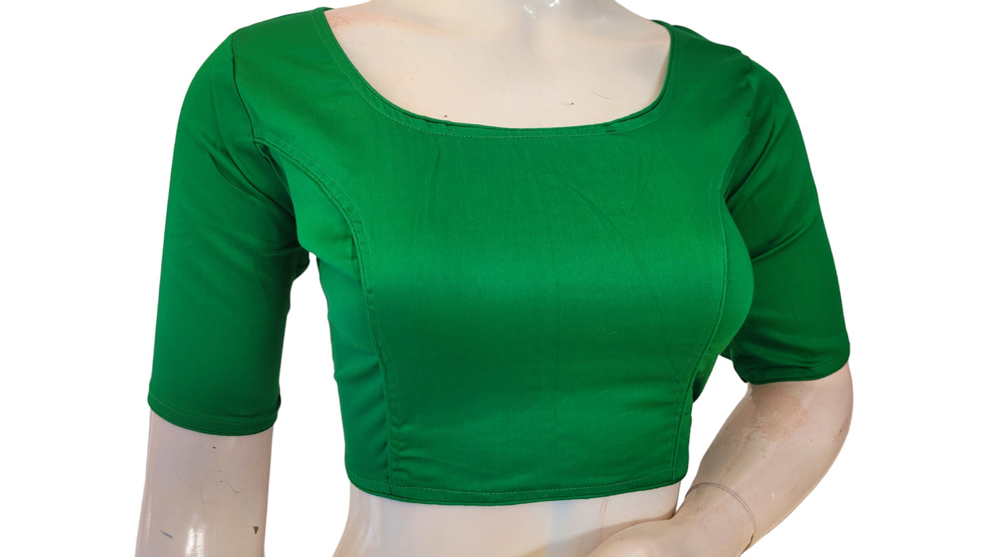Leaf Green Elegance, Boat Neck Plain Silk Saree Readymade Blouse, Plus Size