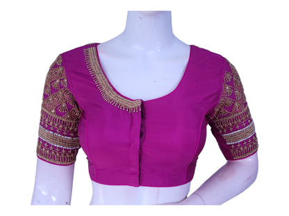 Mesmerizing Magenta Color Aari Handwork Bridal Saree Blouse