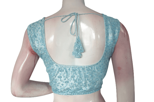 Pastel Blue Color Netted Embroidery Designer Readymade Blouse - D3blouses