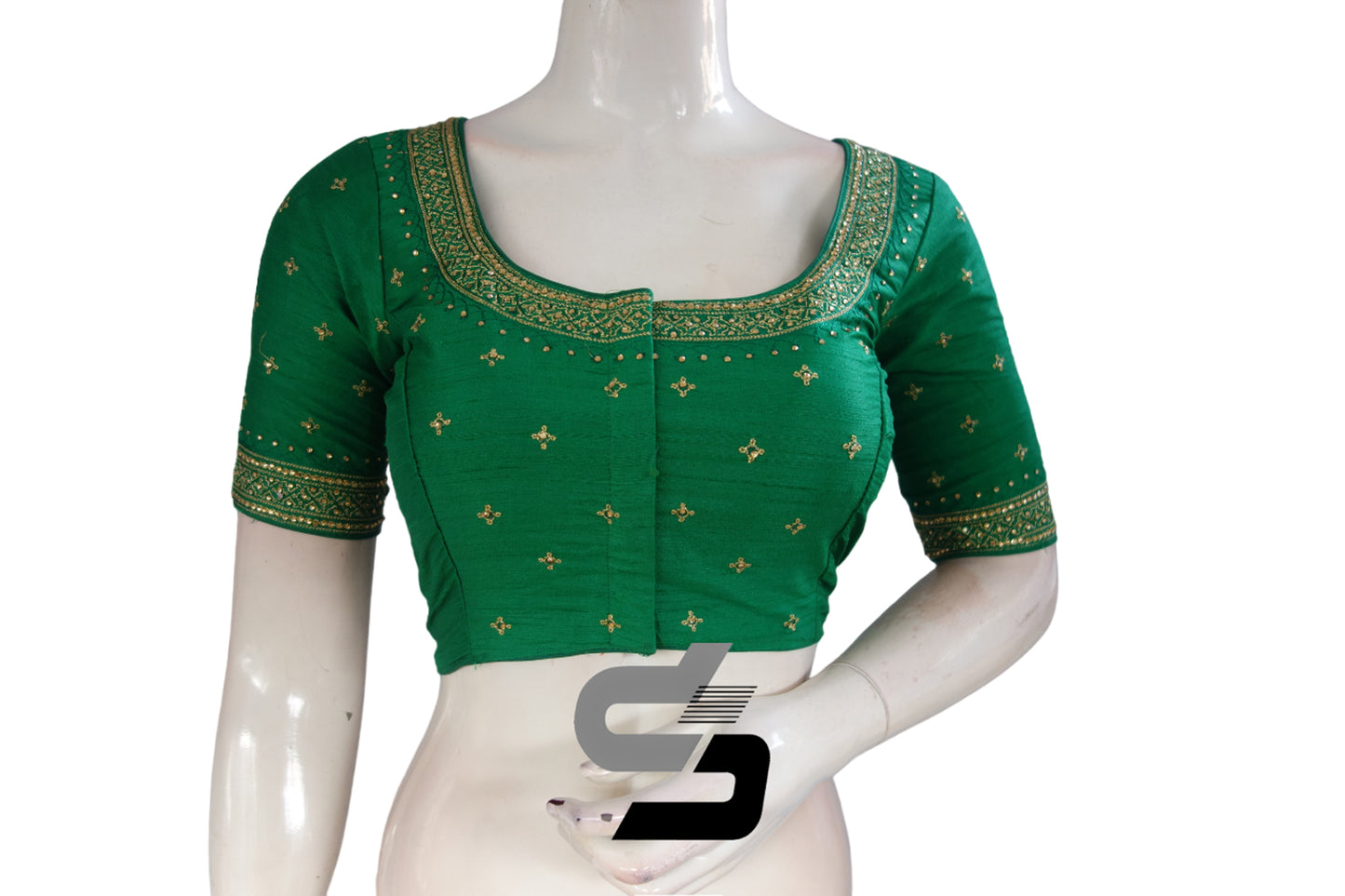 "Sapphire Elegance: Green Color Semi Silk Designer Stone Work Readymade Saree Blouse"