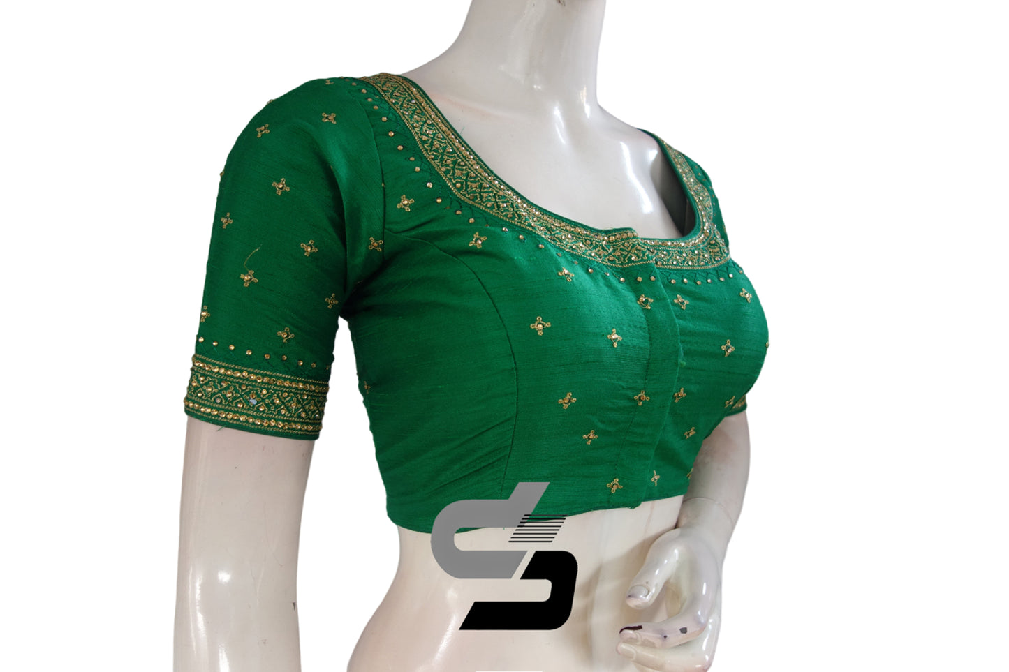 "Sapphire Elegance: Green Color Semi Silk Designer Stone Work Readymade Saree Blouse"