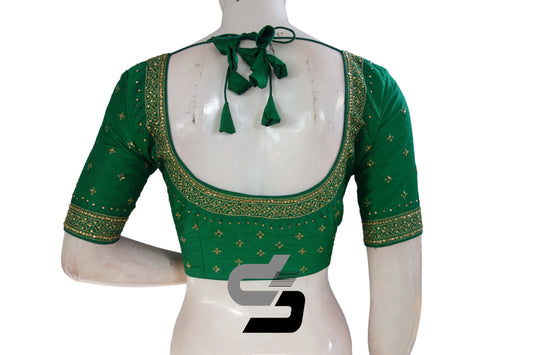 "Sapphire Elegance: Green Color Semi Silk Designer Stone Work Readymade Saree Blouse"