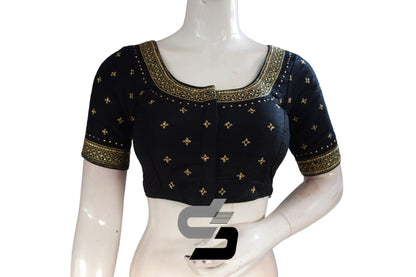 "Radiant Black: Semi Silk Designer Stone Work Machine Embroidery Readymade Saree Blouse" - D3blouses