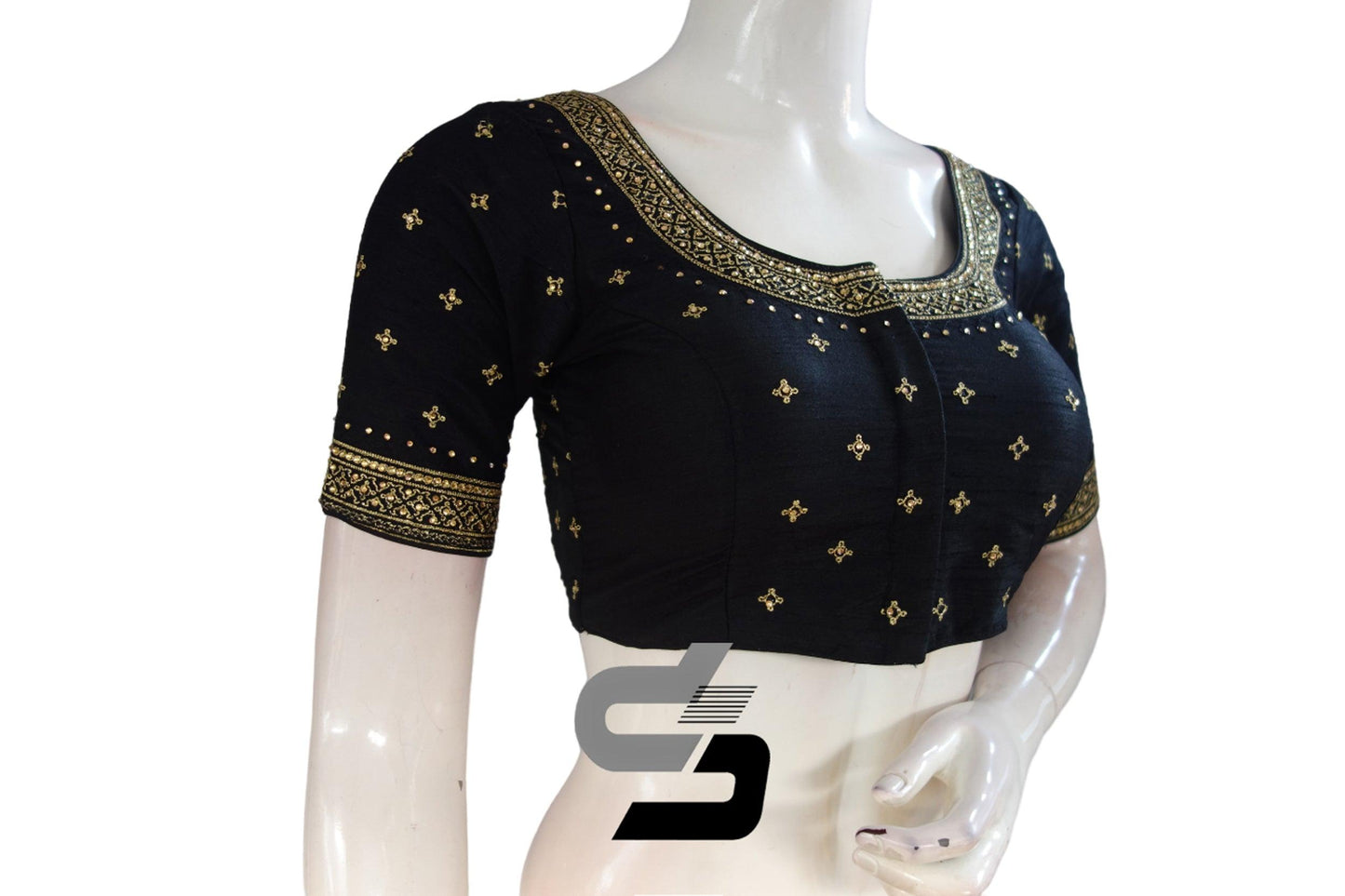 "Radiant Black: Semi Silk Designer Stone Work Machine Embroidery Readymade Saree Blouse" - D3blouses