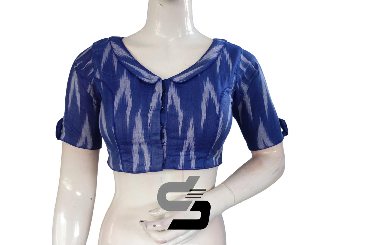 "Royal Blue Hues and Classic Collars: Ikkat Designer Readymade Saree Blouses to Enhance Your Look" - D3blouses