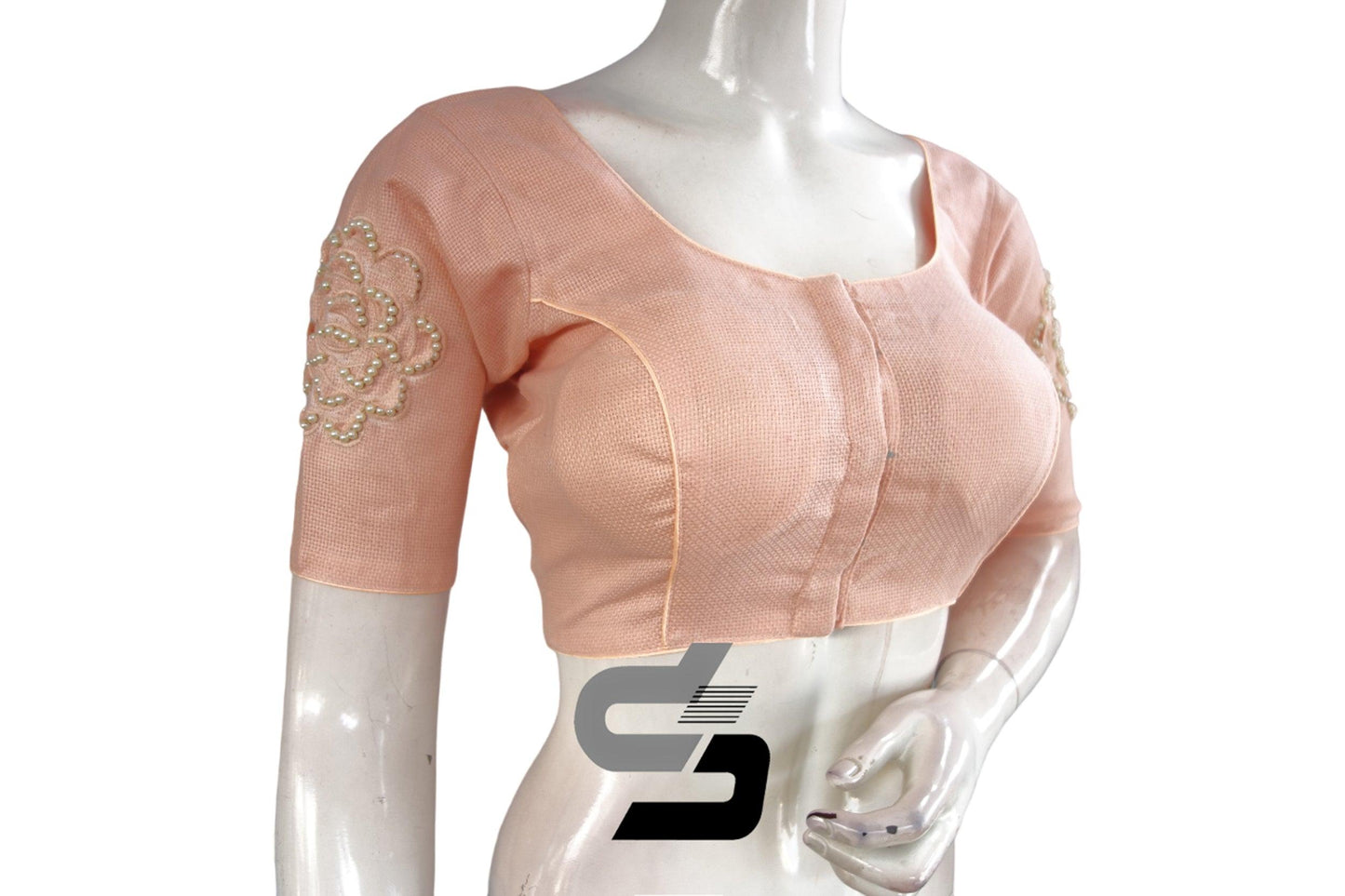 "Peach Perfection: Designer Jute Embroidery Readymade Saree Blouses" - D3blouses