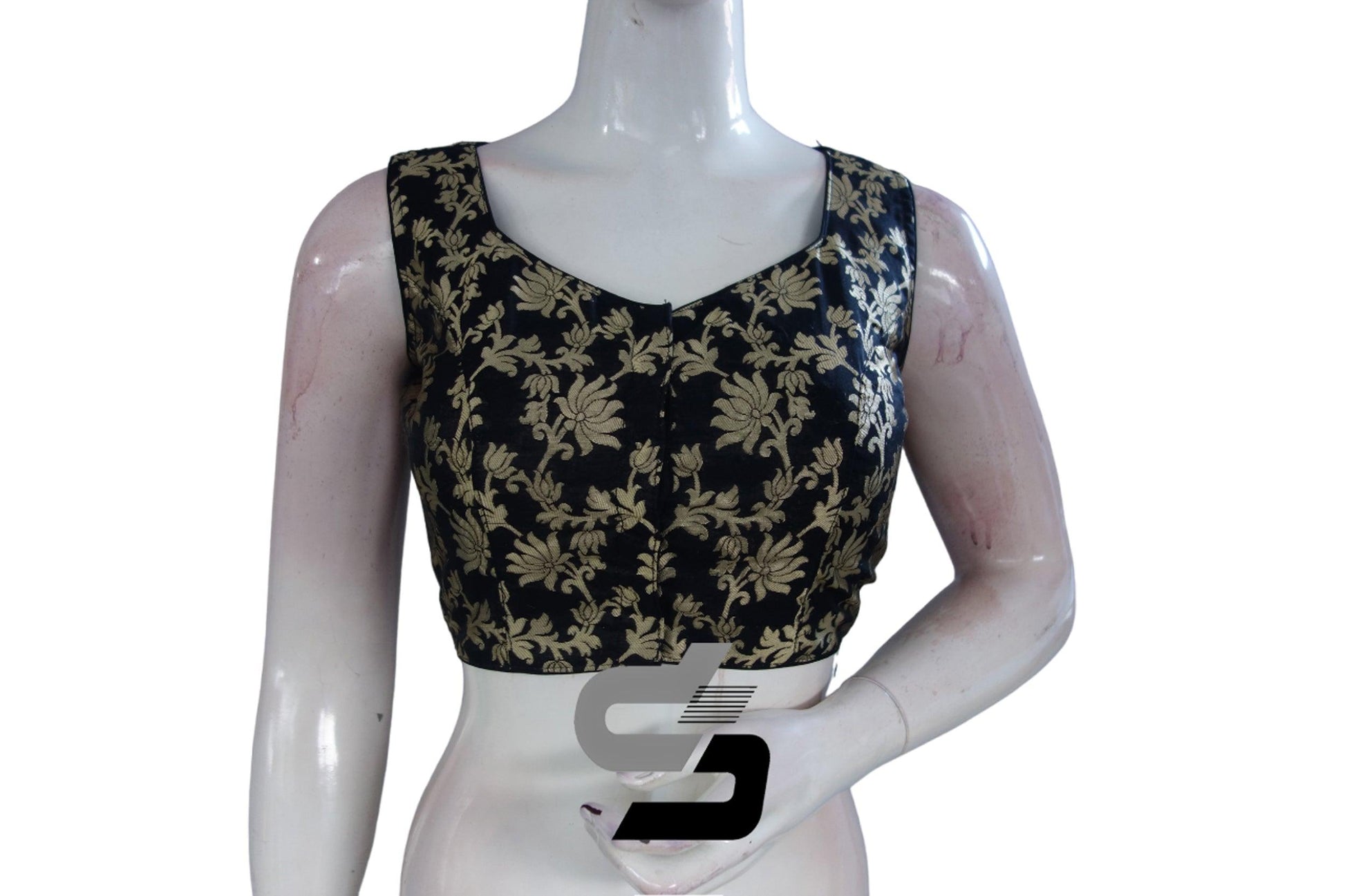 "Timeless Black: Designer High Neck Banaras Brocade Silk Readymade Saree Blouses" - D3blouses