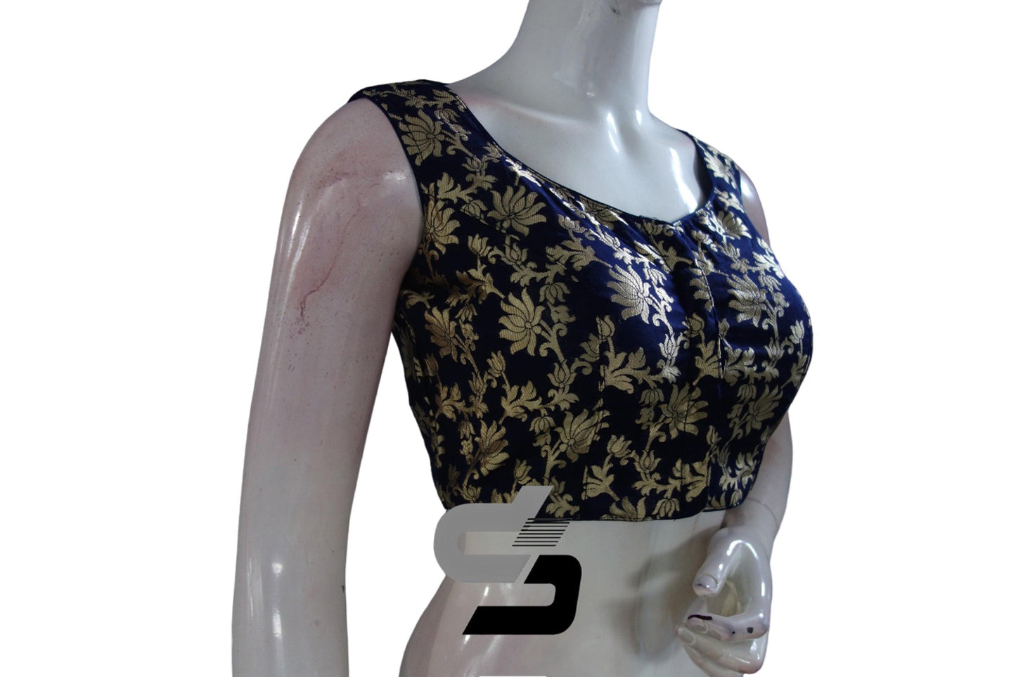 "Navy Blue Sophistication: Designer High Neck Banaras Brocade Silk Readymade Saree Blouses" - D3blouses