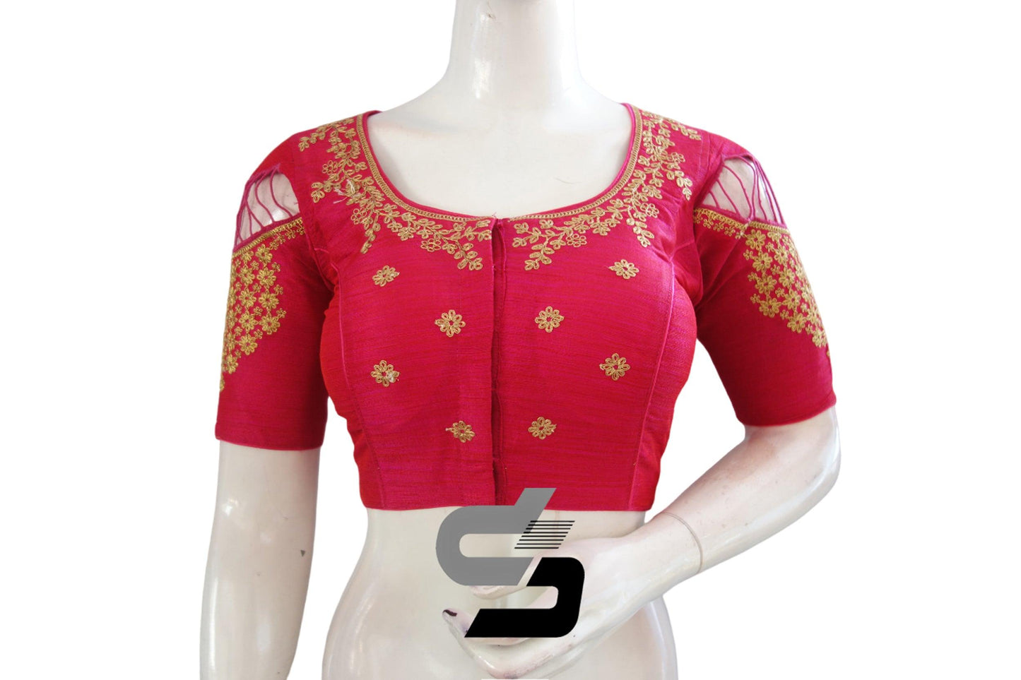 Step into sophistication with these readymade semi-silk saree blouses, boasting high neck designs and intricate embroidery in a charming pink hue, for an effortlessly chic ensemble.