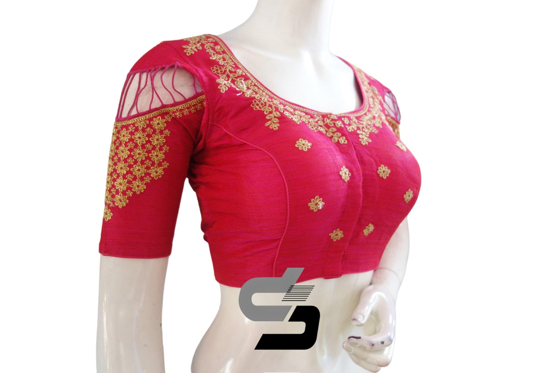 "Elegant and Chic:Pink High Neck Designer Semi Silk Embroidery Readymade Saree Blouses" - D3blouses