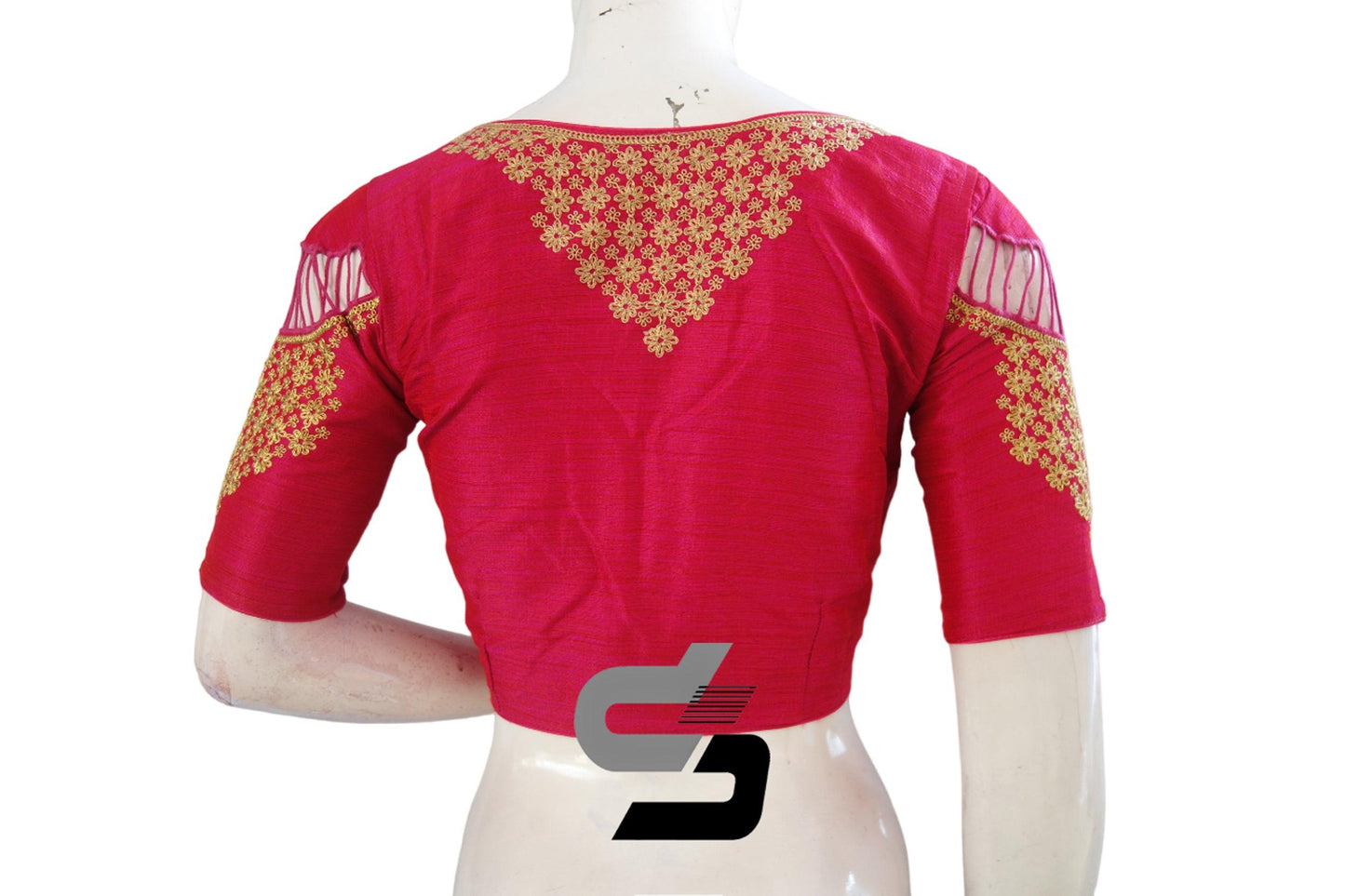 "Elegant and Chic:Pink High Neck Designer Semi Silk Embroidery Readymade Saree Blouses" - D3blouses