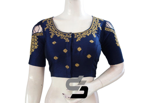 Experience mesmerizing beauty with our Navy Blue High Neck Silk Embroidered Saree Blouses, crafted to perfection with luxurious silk and intricate embroidery.