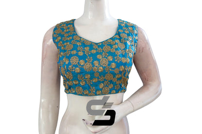 "Shop Now: Turquoise Blue Designer Semi Silk Embroidery Readymade Saree Blouses" - D3blouses