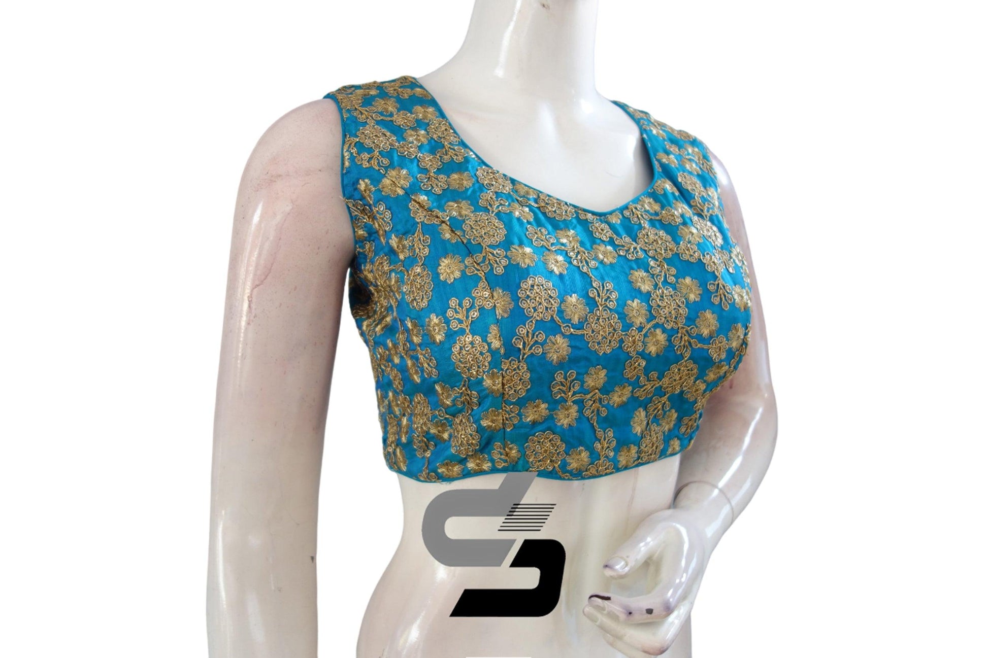 "Shop Now: Turquoise Blue Designer Semi Silk Embroidery Readymade Saree Blouses" - D3blouses