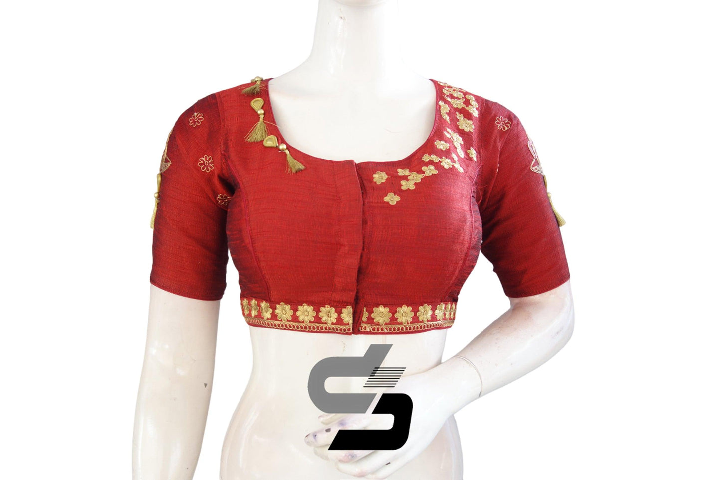 "Sophistication in Maroon: High Neck Designer Semi Silk Cup and Saucer Embroidery Readymade Saree Blouses" - D3blouses