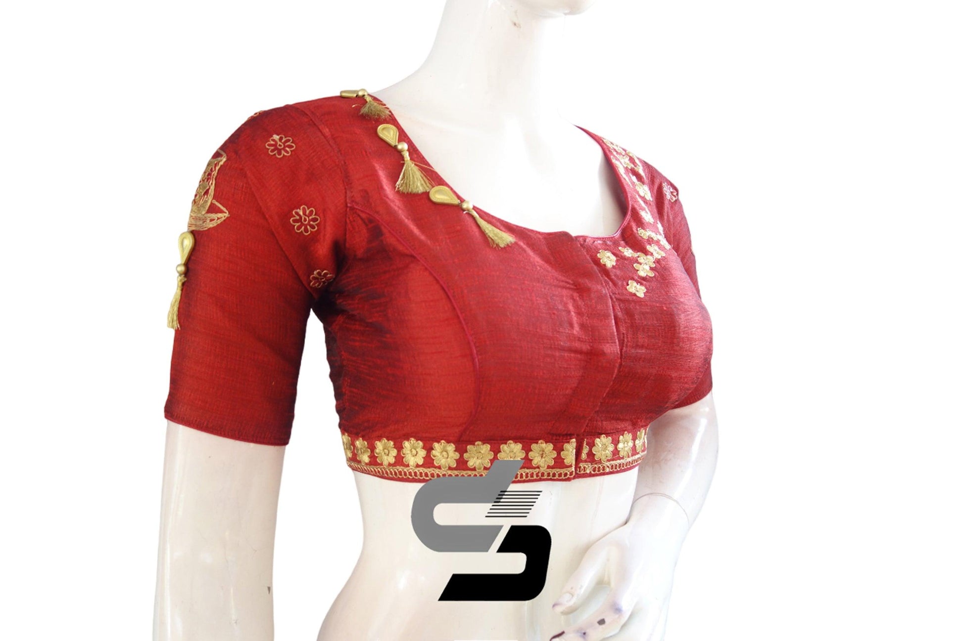 "Sophistication in Maroon: High Neck Designer Semi Silk Cup and Saucer Embroidery Readymade Saree Blouses" - D3blouses