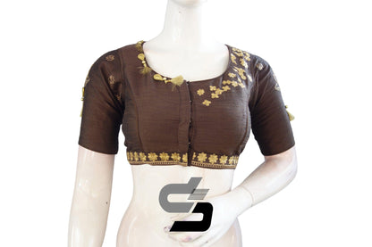 "Embrace the Classic: Brown Color High Neck Designer Semi Silk Cup and Saucer Embroidery Readymade Saree Blouses" - D3blouses