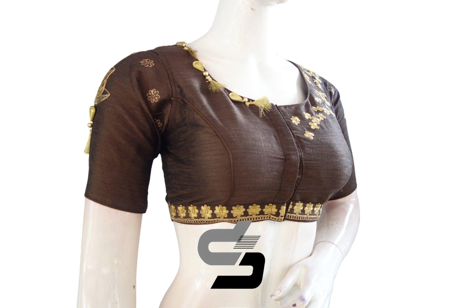 "Embrace the Classic: Brown Color High Neck Designer Semi Silk Cup and Saucer Embroidery Readymade Saree Blouses" - D3blouses