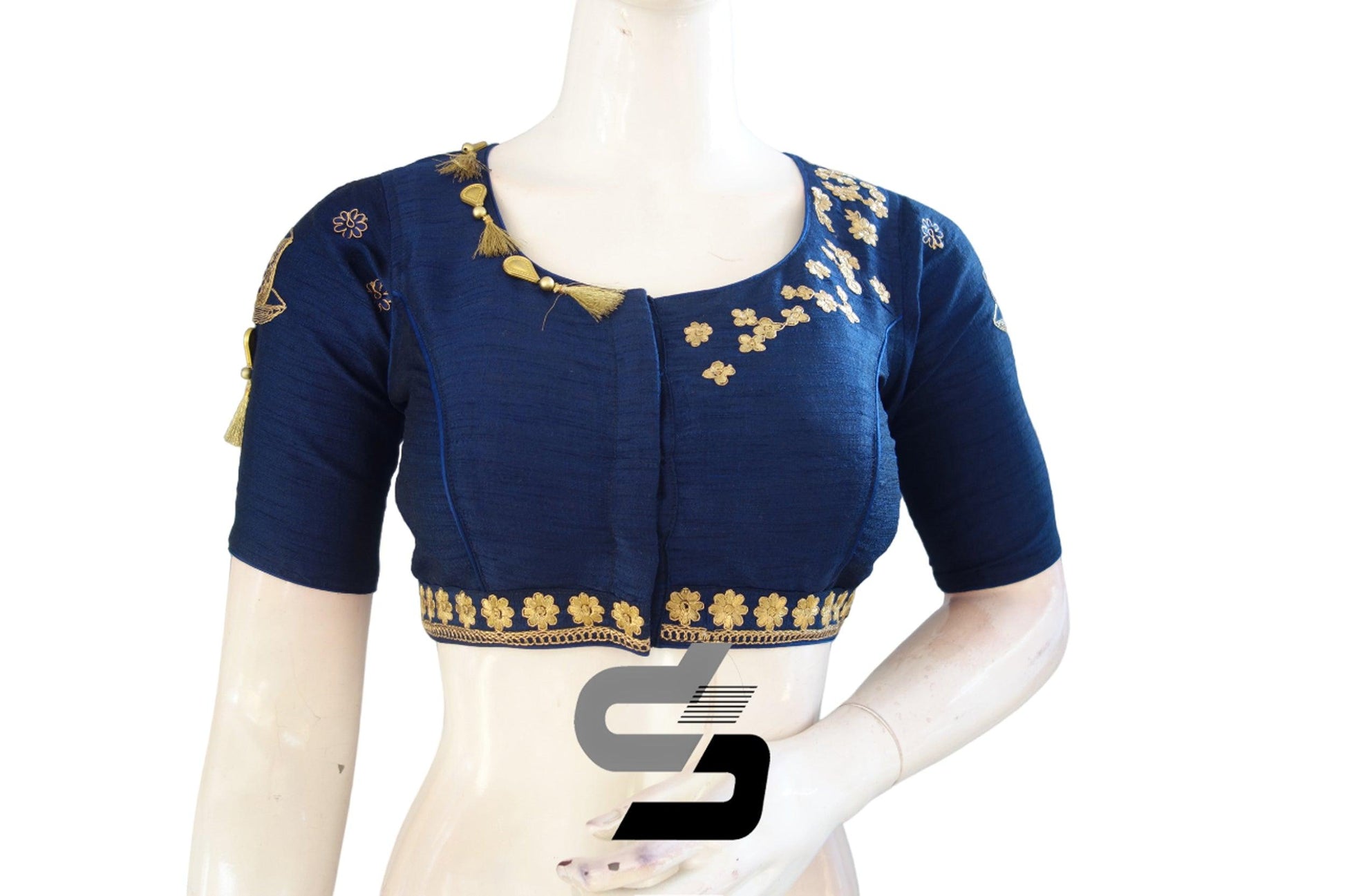 "Navy Blue Bliss: High Neck Designer Semi Silk Cup and Saucer Embroidery Readymade Saree Blouses" - D3blouses