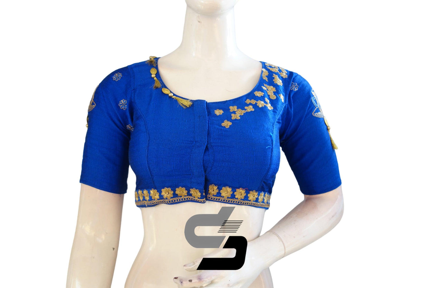 "Sartorial Splendor: Royal Blue High Neck Designer Semi Silk Cup and Saucer Embroidery Readymade Saree Blouses" - D3blouses