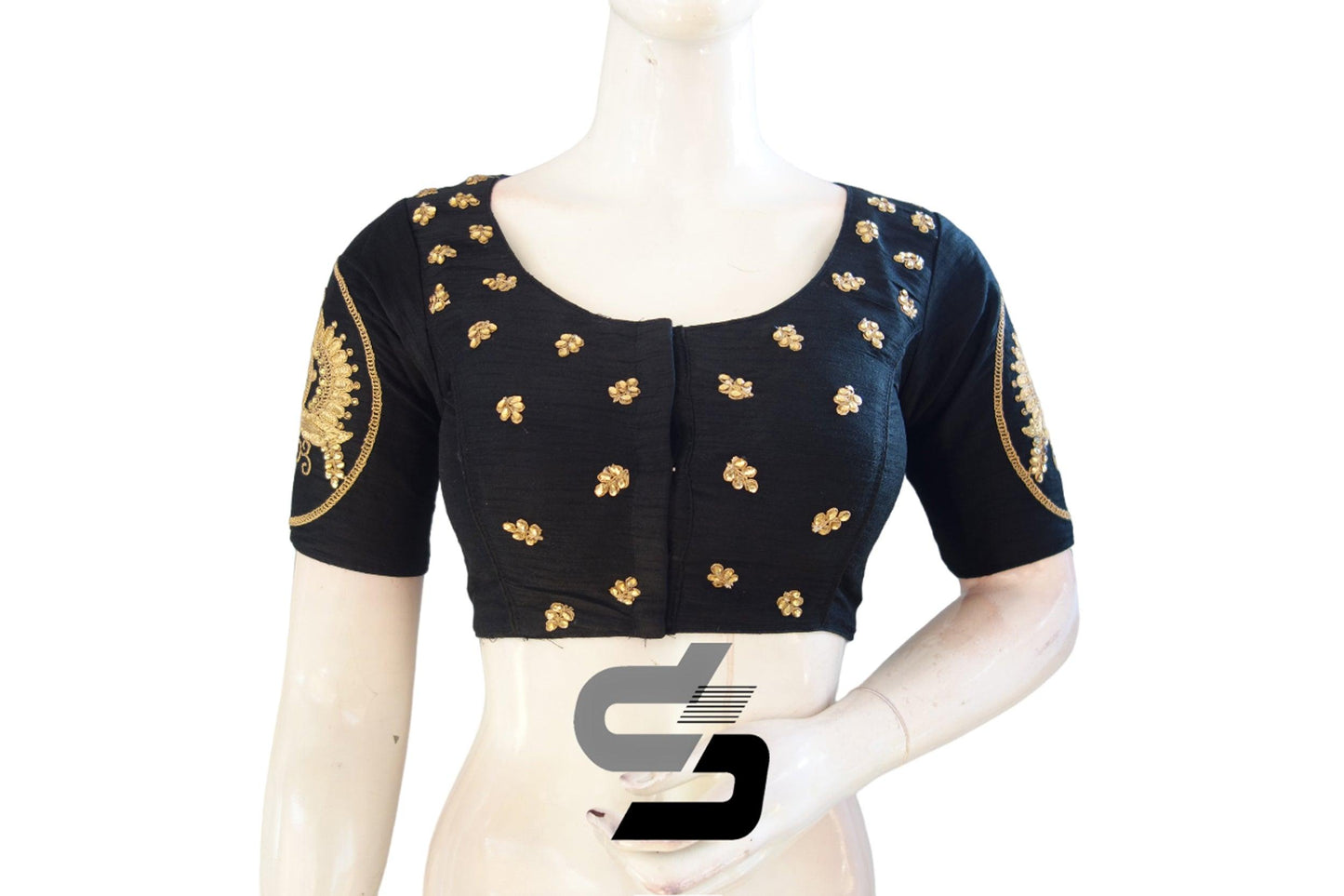 "Elegant Black: High Neck Designer Semi Silk Embroidery Readymade Saree Blouses" - D3blouses