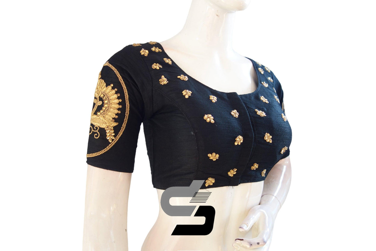 "Elegant Black: High Neck Designer Semi Silk Embroidery Readymade Saree Blouses" - D3blouses