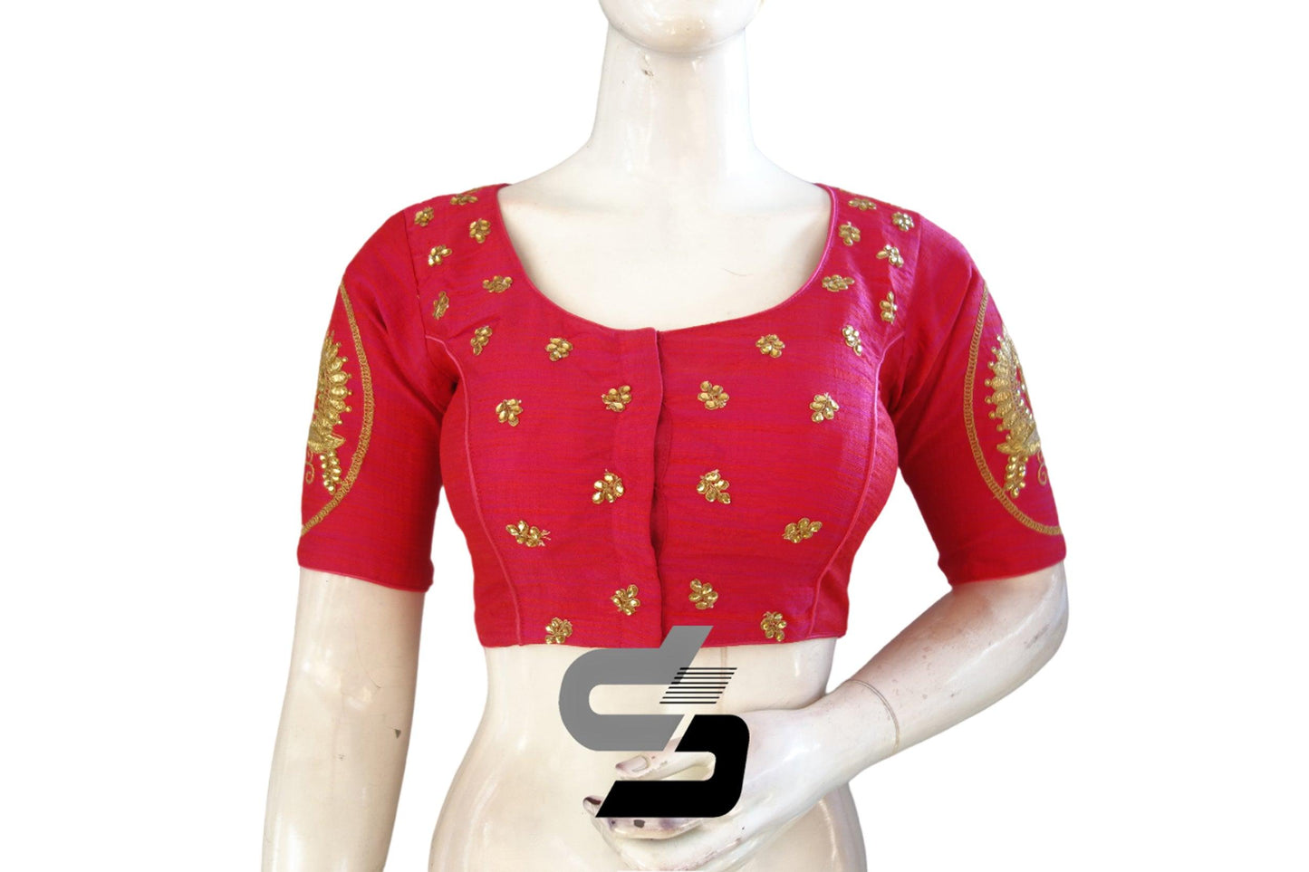 "Dazzling Embroidery: Pink Color High Neck Designer Semi Silk Readymade Saree Blouses" - D3blouses