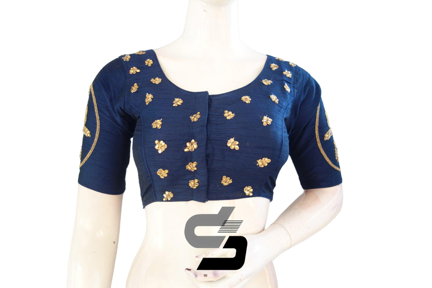 "Semi Silk Splendor: Navy Blue Color High Neck Designer Embroidery Readymade Saree Blouses" - D3blouses