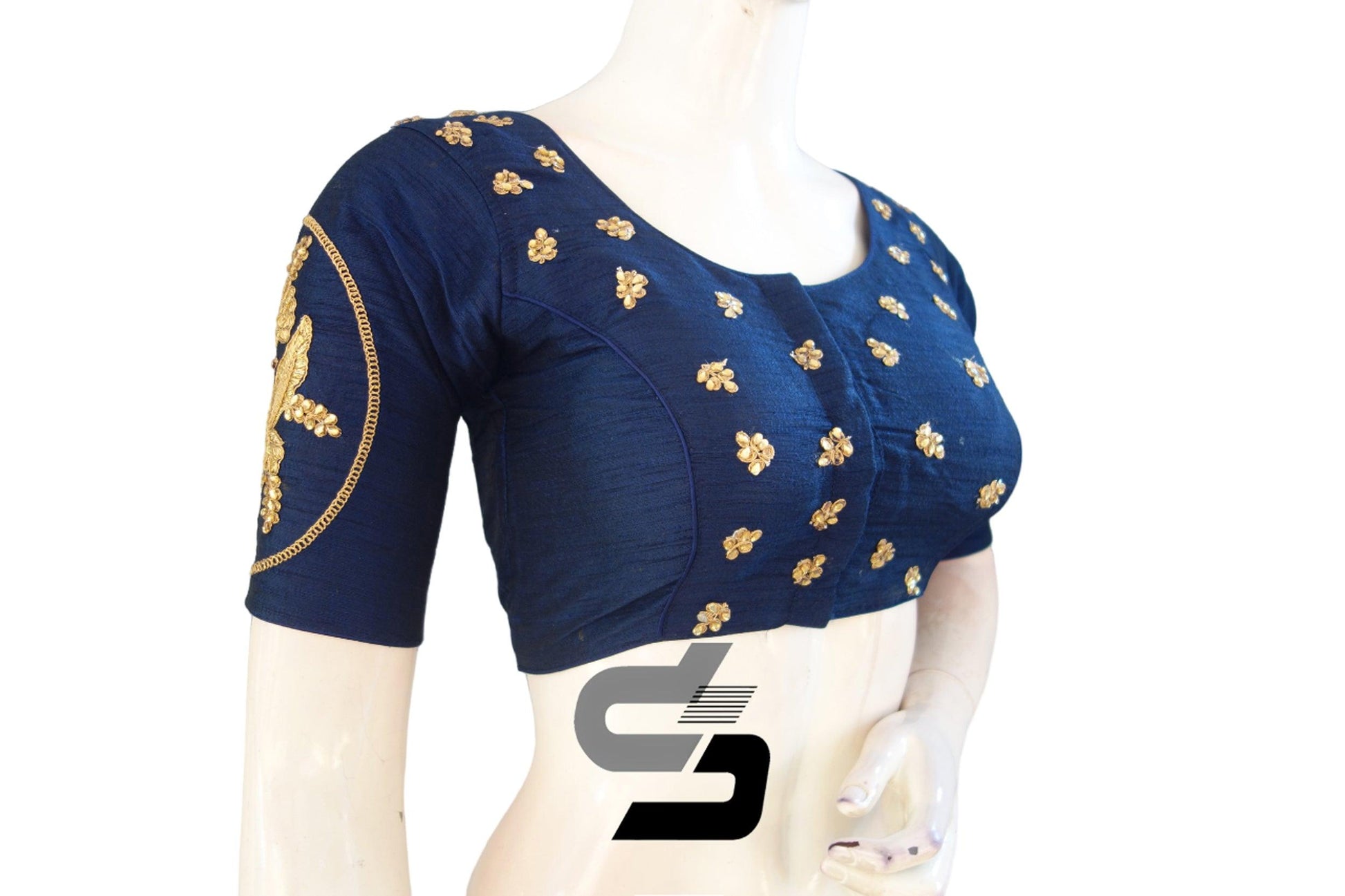 "Semi Silk Splendor: Navy Blue Color High Neck Designer Embroidery Readymade Saree Blouses" - D3blouses