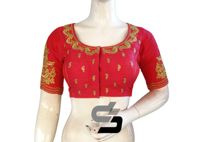 "Trendy Elegance: Pink Color High Neck Designer Semi Silk Blouses with Embroidery" - D3blouses