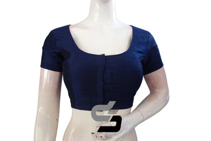 Navy Blue Plain Silk Readymade Saree Blouse with Short Sleeves, Trendy and Versatile - D3blouses