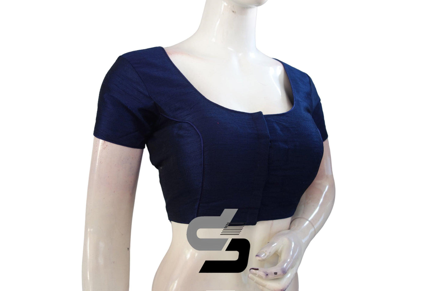 Trendy and Versatile: Navy Blue Plain Silk Readymade Saree Blouse with Short Sleeves - Elevate Your Ensemble with this Chic Navy Blue Blouse, Perfect for Effortless Style and Versatility.