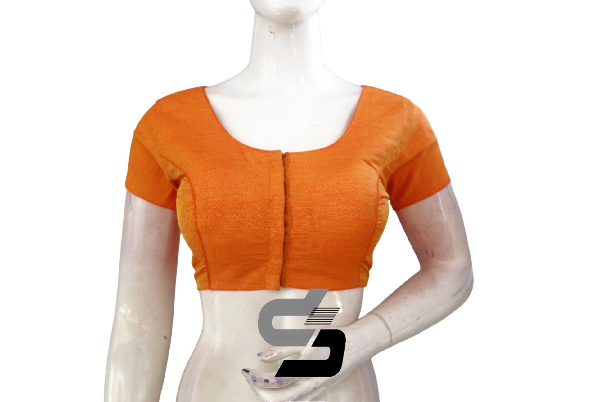 Mustard Orange Plain Silk Readymade Saree Blouse with Short Sleeves, Get the Perfect Fit - D3blouses