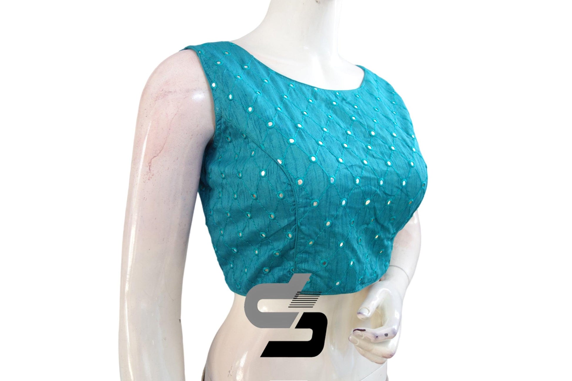 Teal Blue Designer Sleeveless Semi Silk Foil Mirror Readymade Blouse, Fashionably Chic - D3blouses