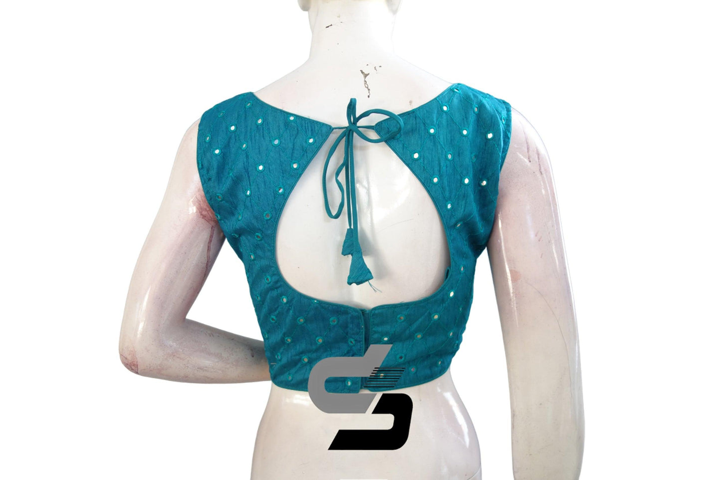 Teal Blue Designer Sleeveless Semi Silk Foil Mirror Readymade Blouse, Fashionably Chic - D3blouses