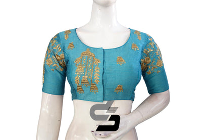 Blue Color High Neck Designer Embroidery Readymade Saree Blouses, Create a dynamic and visually appealing ensemble. - D3blouses