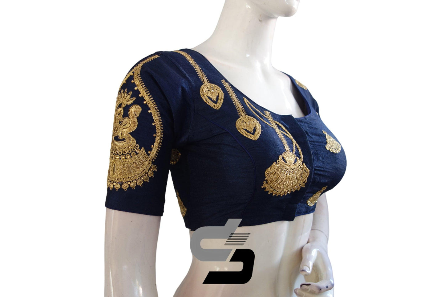 Navy Blue Color High Neck Designer Embroidery Readymade Saree Blouses, Bold and eye-catching appearance. - D3blouses