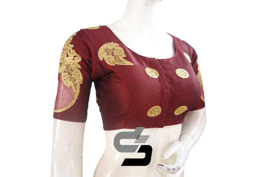 "Designer Red Wine Semi Silk High Neck Embroidered Saree Blouses/Crop Tops: Elevate your style with opulent sophistication and intricate embroidery, perfect for making a statement."