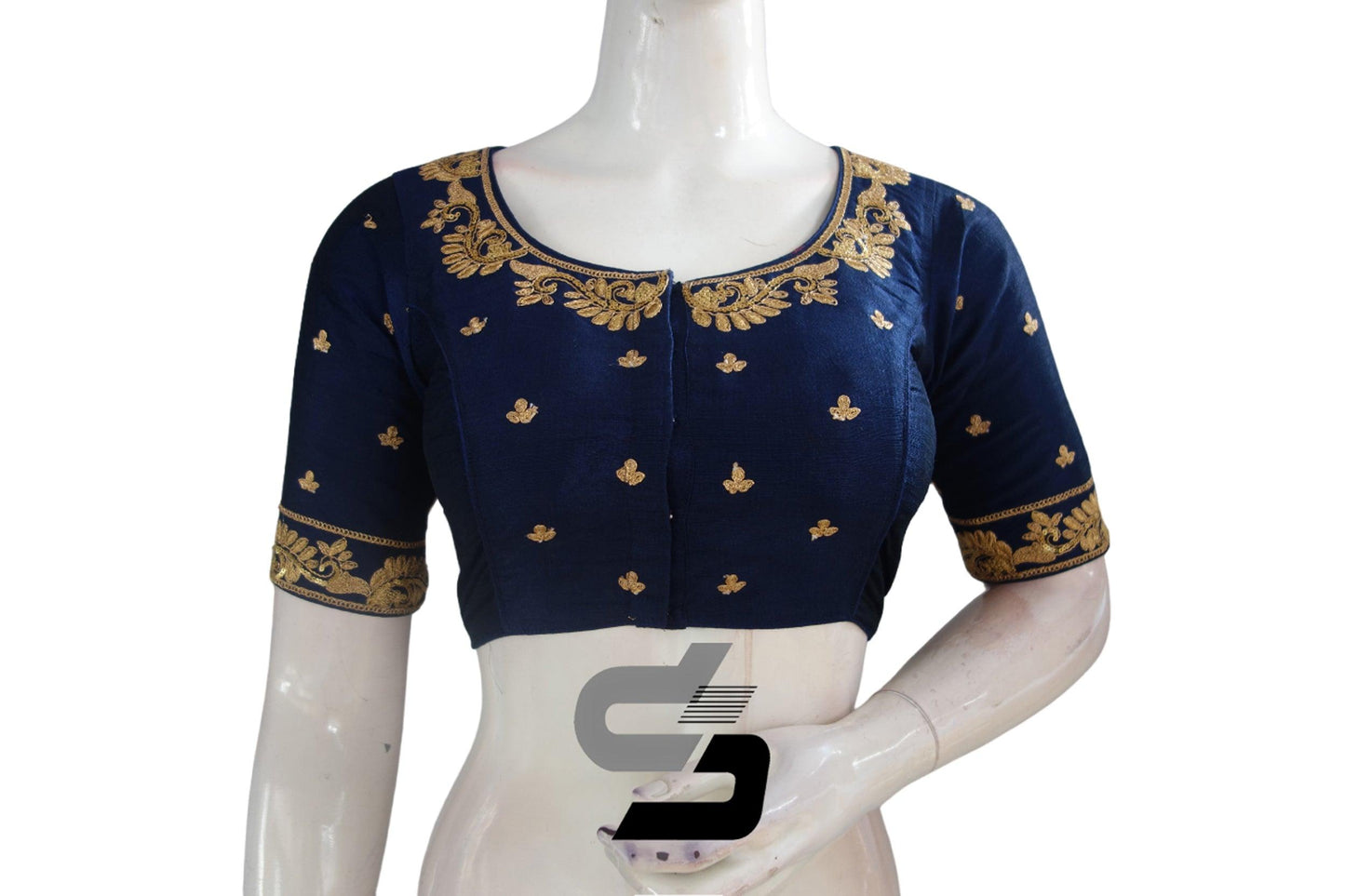 Navy Blue Color Designer Semi Silk High Neck Embroidery Readymade Saree Blouses and Crop top - D3blouses