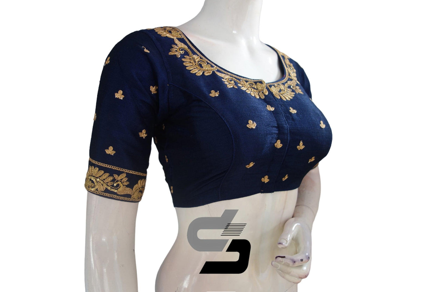 Navy Blue Color Designer Semi Silk High Neck Embroidery Readymade Saree Blouses and Crop top - D3blouses