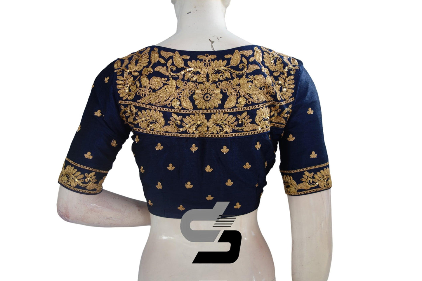 Navy Blue Semi Silk High Neck Embroidered Saree Blouses/Crop Tops: Dive into sophistication with these timeless pieces, boasting intricate embroidery and chic high neck designs for an elegant and versatile wardrobe addition.