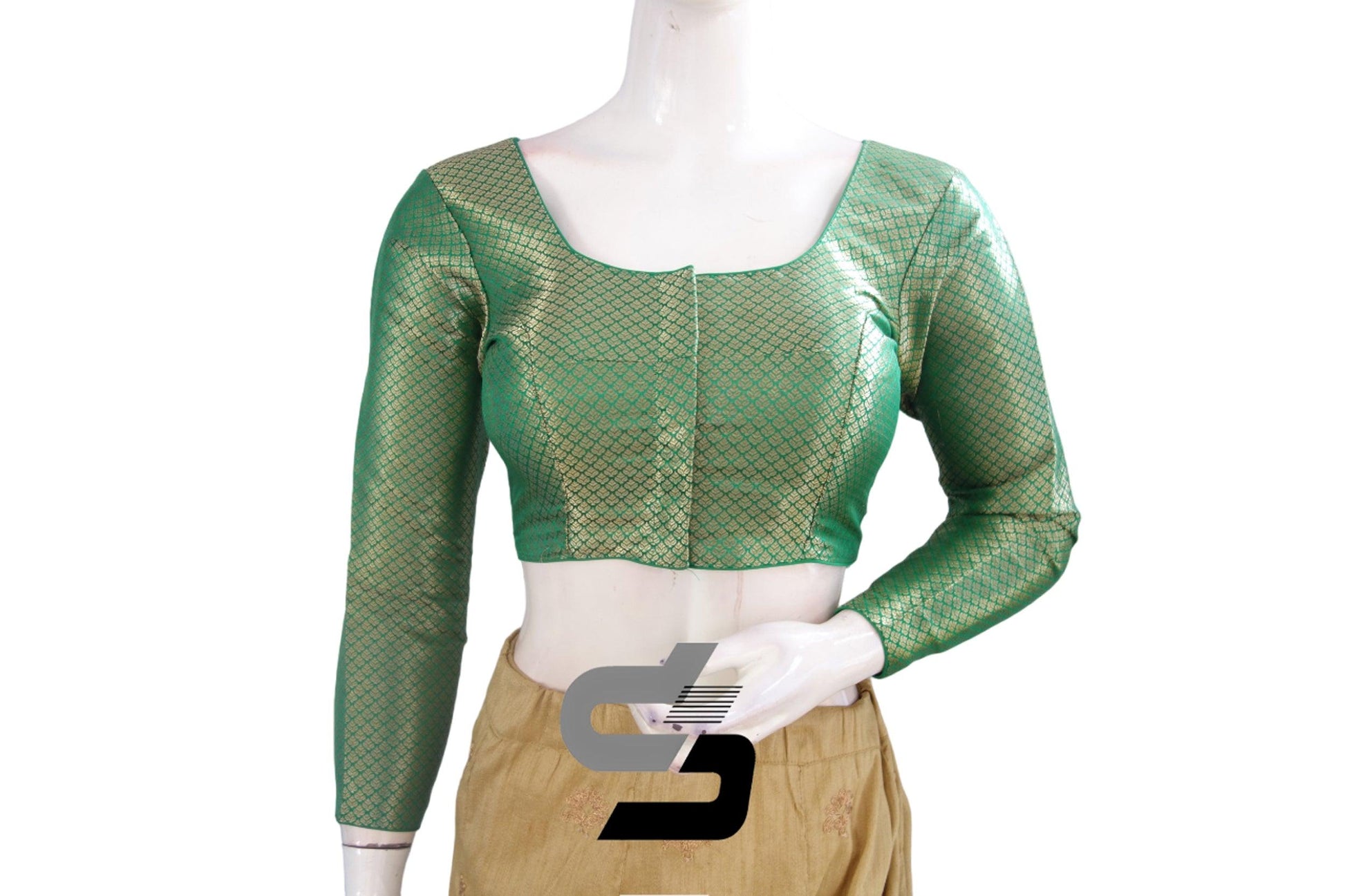 Green Premium Brocade Bracelet Sleeve Readymade Blouses, The Perfect Fusion And Traditional Charm Meets Contemporary Design - D3blouses