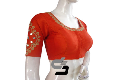 Chic Orange High Neck Embroidered Saree Blouses - Elegant Ethnic Charm - D3blouses