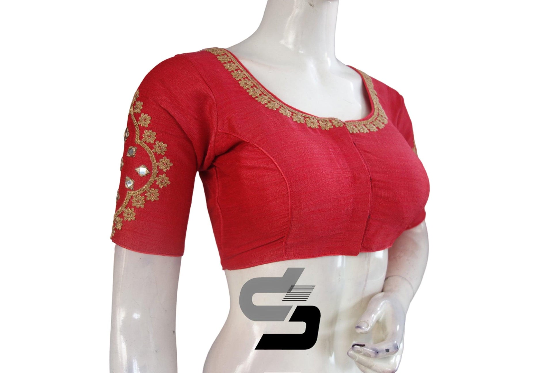 Chic Peach Pink High Neck Embroidered Saree Blouses - Redefining Elegance - D3blouses