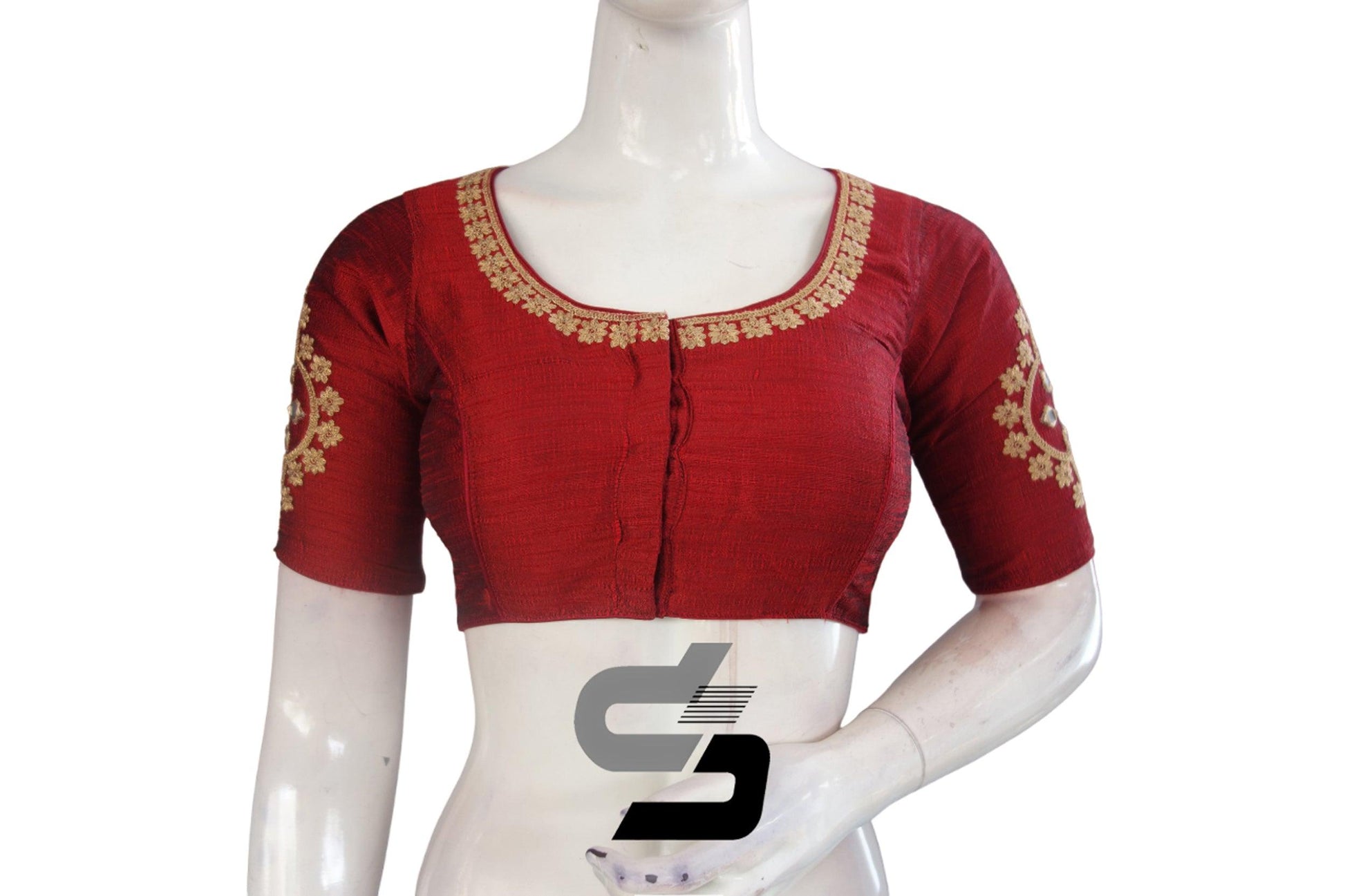 Elegant Maroon High Neck Embroidered Saree Blouses - Timeless Charm - D3blouses