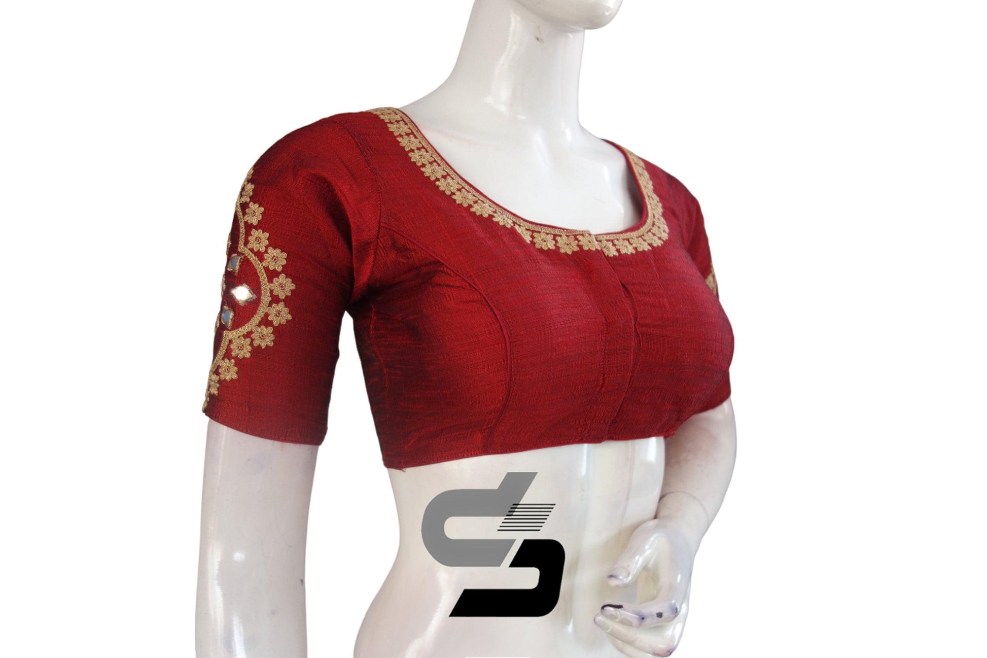 Elegant Maroon High Neck Embroidered Saree Blouses - Timeless Charm - D3blouses