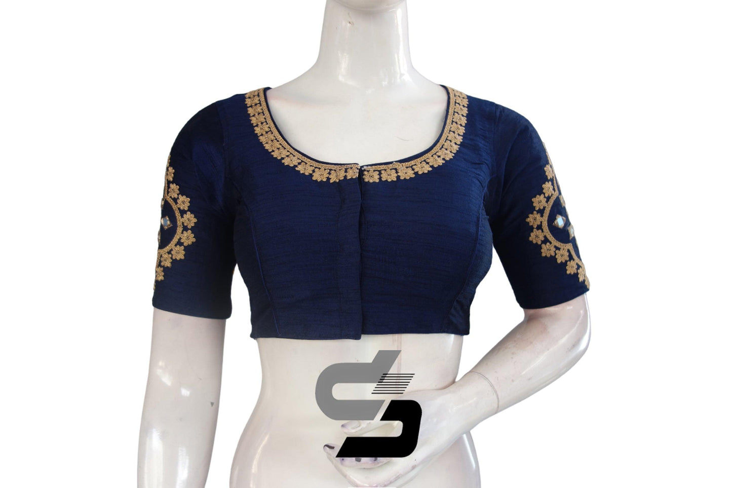 Chic Navy Blue High Neck Embroidered Saree Blouses - Modern Elegance - D3blouses