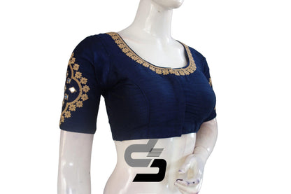 Chic Navy Blue High Neck Embroidered Saree Blouses - Modern Elegance - D3blouses