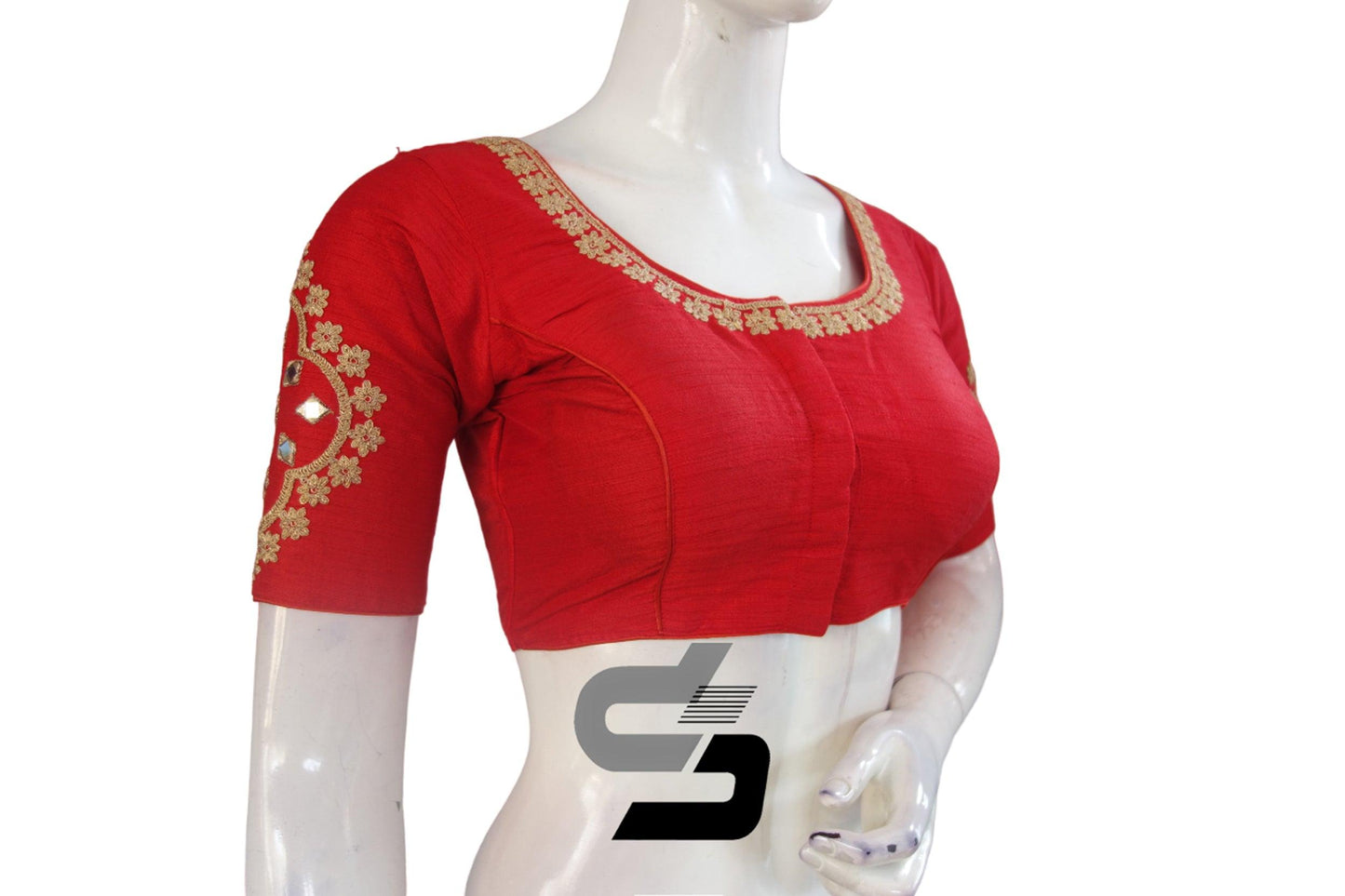 Stunning Red High Neck Embroidered Saree Blouses - Timeless Elegance - D3blouses