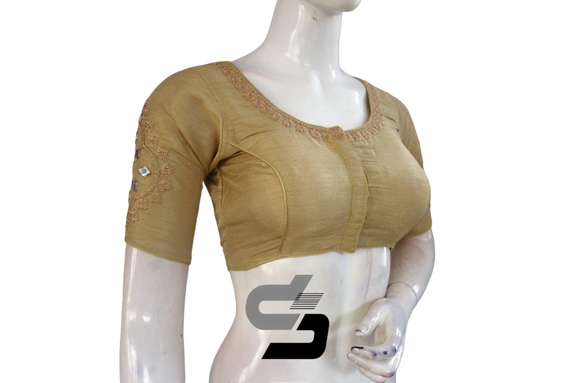 Elegant Gold High Neck Embroidered Saree Blouses - Regal Glamour - D3blouses